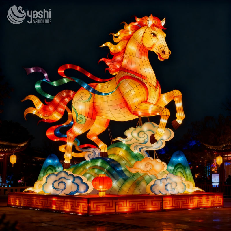 Custom Chinese Flying Horse LED Lantern Set, Large Mythological Animal Light Sculpture for Spring Festival Light Show