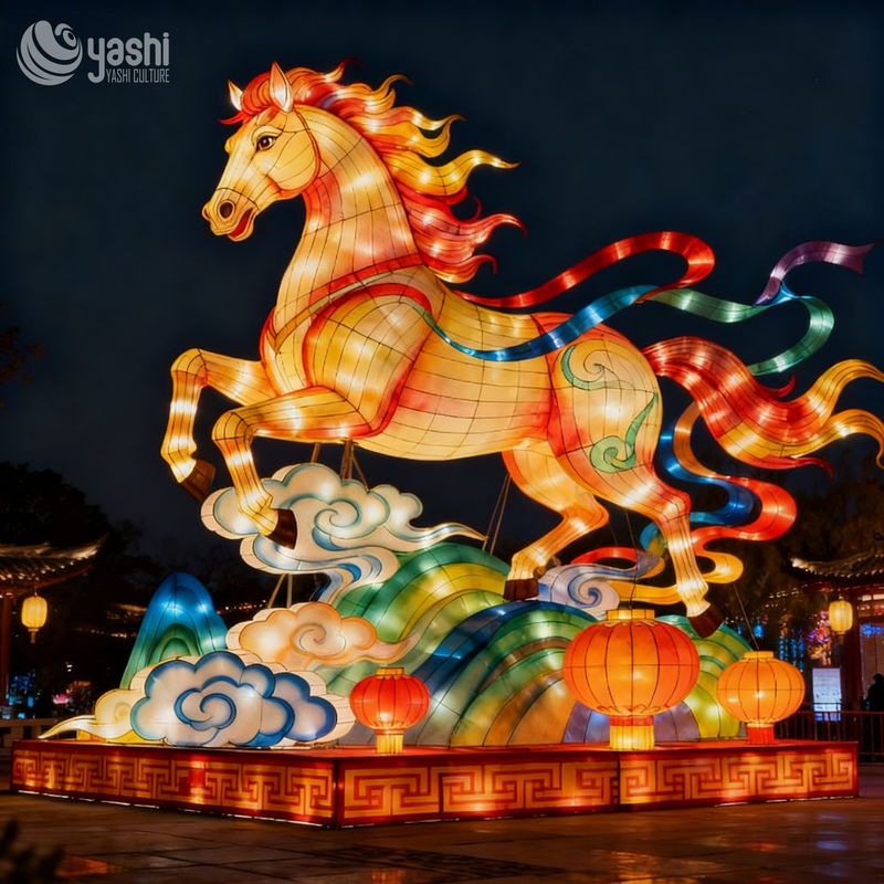 Custom Chinese Flying Horse LED Lantern Set, Large Mythological Animal Light Sculpture for Spring Festival Light Show