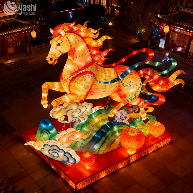 Custom Chinese Flying Horse LED Lantern Set, Large Mythological Animal Light Sculpture for Spring Festival Light Show