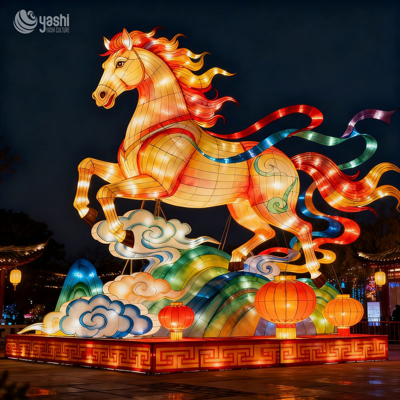 Custom Chinese Flying Horse LED Lantern Set, Large Mythological Animal Light Sculpture for Spring Festival Light Show