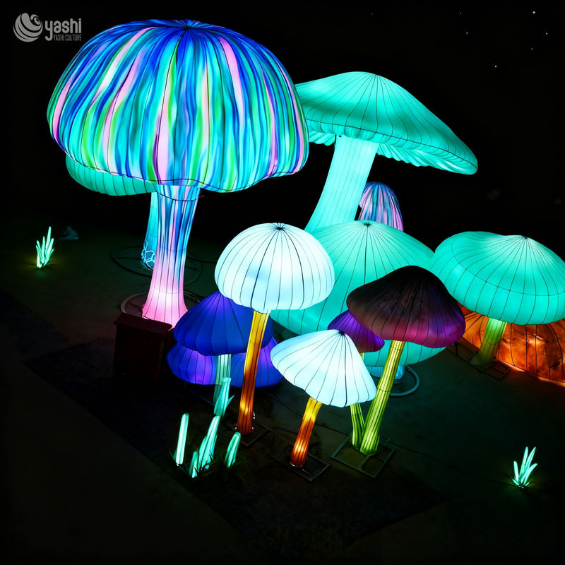 Custom Iridescent Giant Mushroom Lantern Group, Fantasy LED Light Sculpture for Theme Park & Night Festival