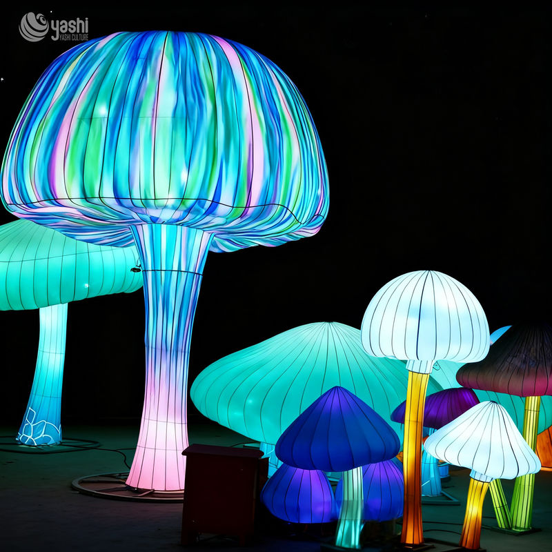 Custom Iridescent Giant Mushroom Lantern Group, Fantasy LED Light Sculpture for Theme Park & Night Festival