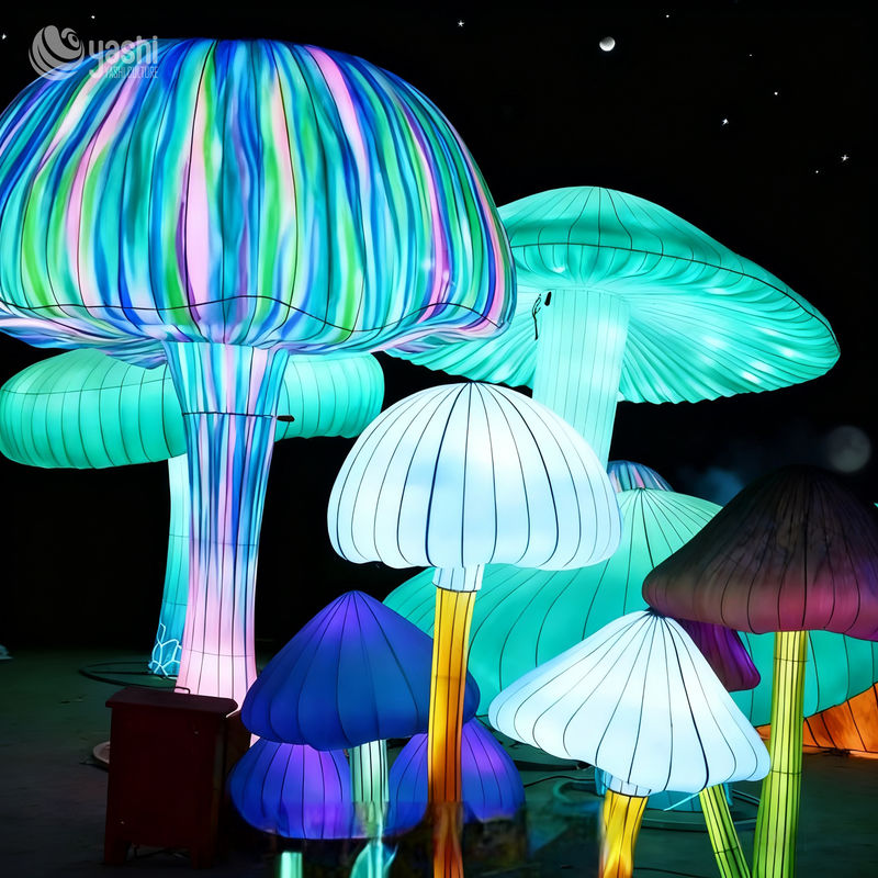 Custom Iridescent Giant Mushroom Lantern Group, Fantasy LED Light Sculpture for Theme Park & Night Festival