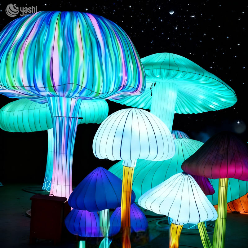 Custom Iridescent Giant Mushroom Lantern Group, Fantasy LED Light Sculpture for Theme Park & Night Festival