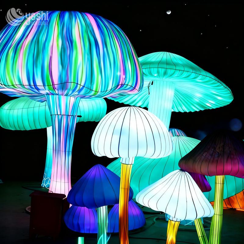 Custom Iridescent Giant Mushroom Lantern Group, Fantasy LED Light Sculpture for Theme Park & Night Festival