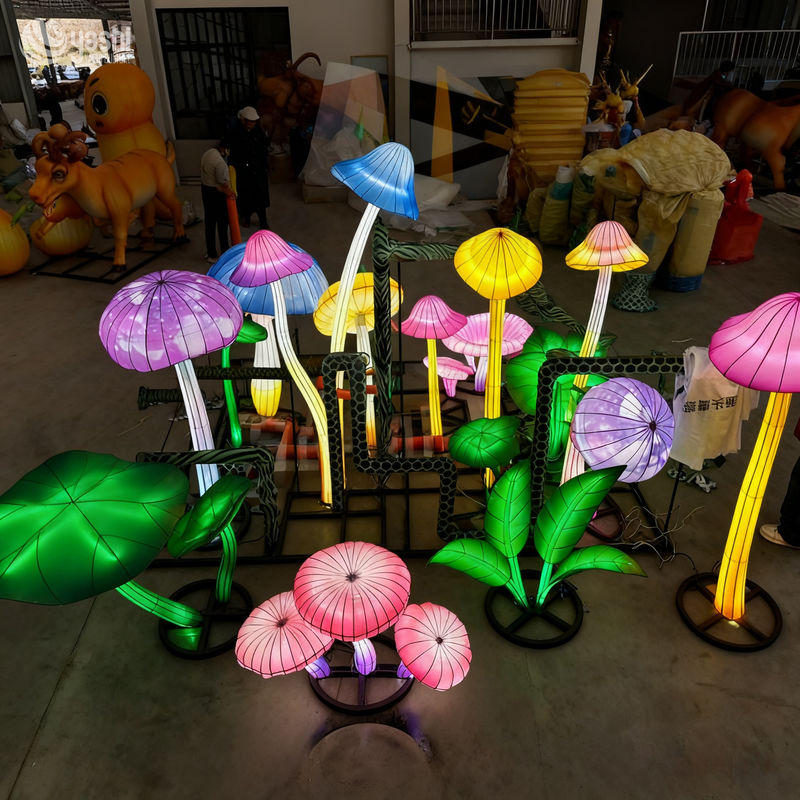 Custom Colorful Mushroom & Plant Lantern Group, Mixed‑Size LED Light Sculpture for Outdoor Theme Festival