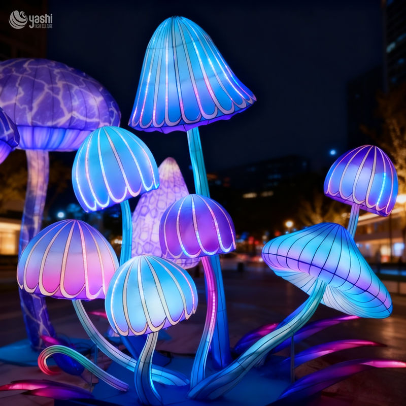 Custom Dreamy Blue‑Purple Mushroom Lantern Group, Giant LED Light Sculpture for Plaza & Night Festival