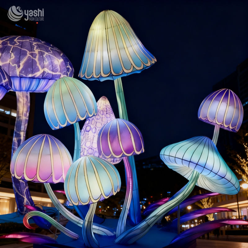 Custom Dreamy Blue‑Purple Mushroom Lantern Group, Giant LED Light Sculpture for Plaza & Night Festival