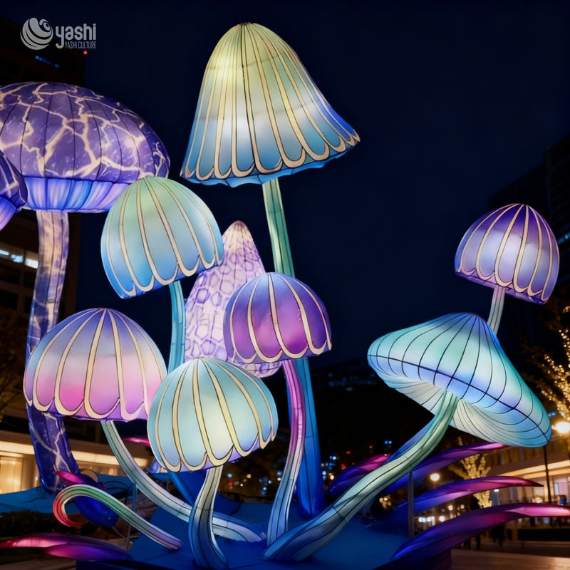 Custom Dreamy Blue‑Purple Mushroom Lantern Group, Giant LED Light Sculpture for Plaza & Night Festival