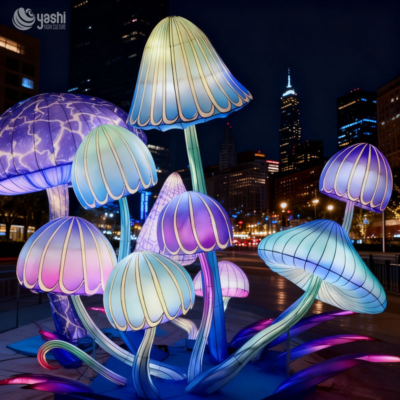 Custom Dreamy Blue‑Purple Mushroom Lantern Group, Giant LED Light Sculpture for Plaza & Night Festival