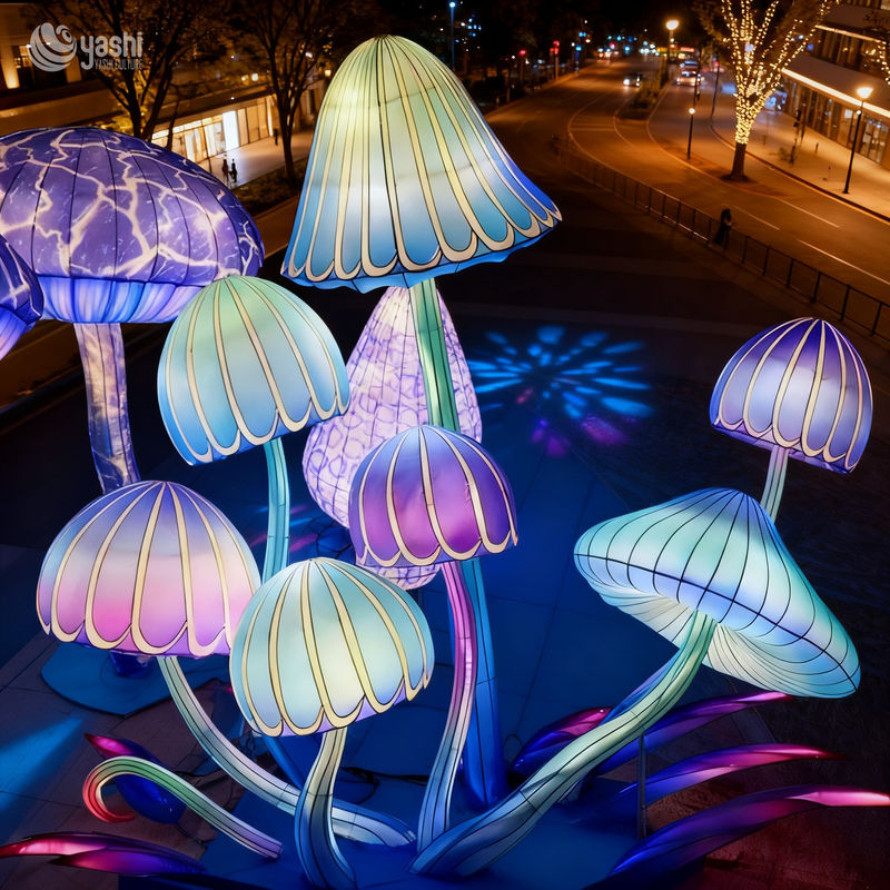Custom Dreamy Blue‑Purple Mushroom Lantern Group, Giant LED Light Sculpture for Plaza & Night Festival