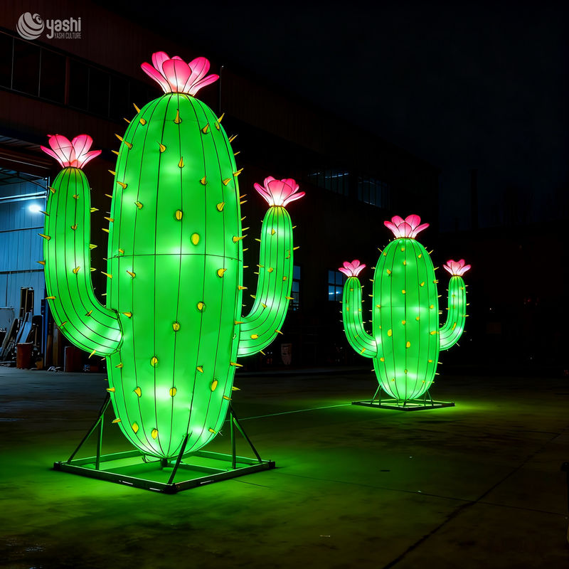 Custom Giant Cactus with Blossom Lantern, Large LED Plant Light Sculpture for Outdoor Festival Decoration