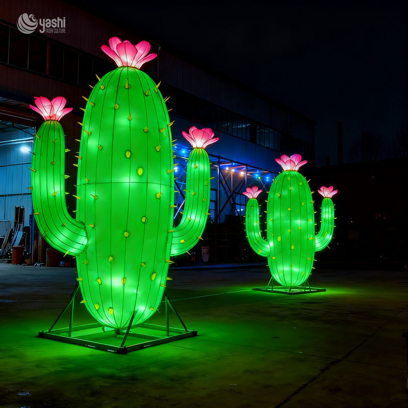 Custom Giant Cactus with Blossom Lantern, Large LED Plant Light Sculpture for Outdoor Festival Decoration