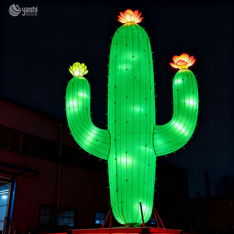 Custom Giant Cactus with Blossom Lantern, Large LED Plant Light Sculpture for Outdoor Festival Decoration