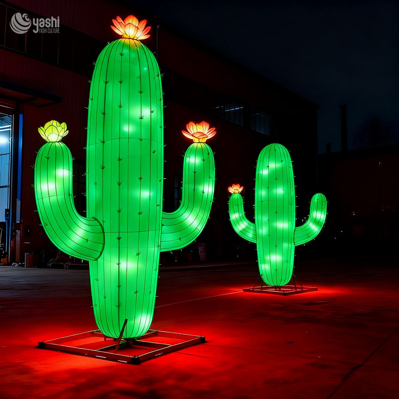 Custom Giant Cactus with Blossom Lantern, Large LED Plant Light Sculpture for Outdoor Festival Decoration