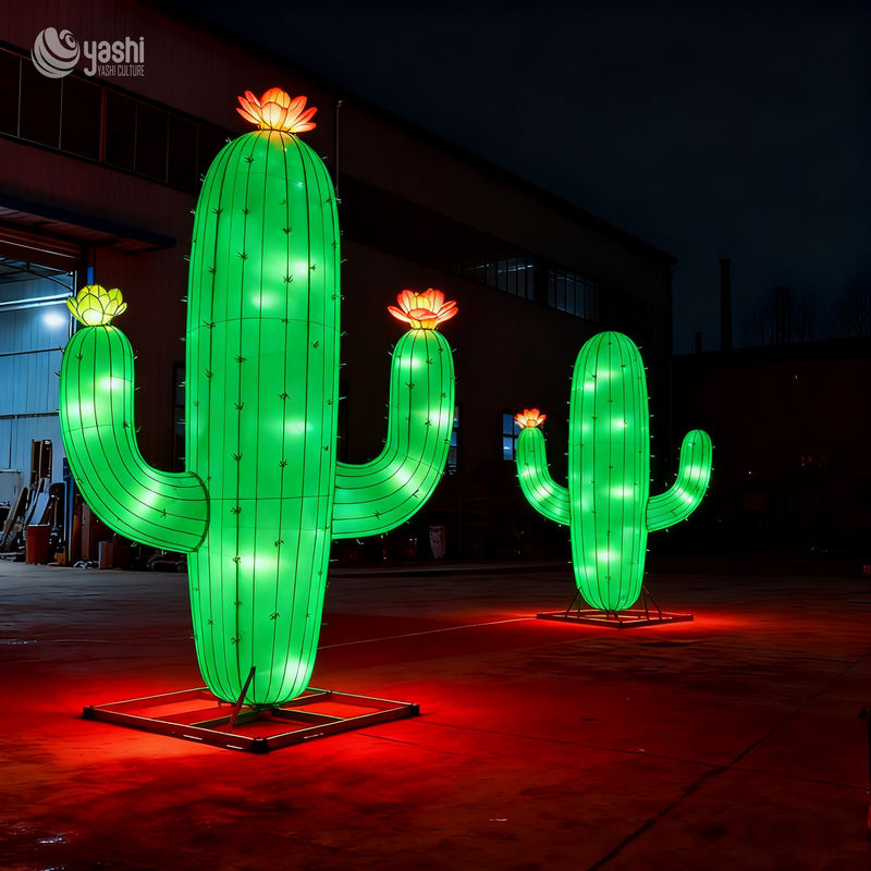 Custom Giant Cactus with Blossom Lantern, Large LED Plant Light Sculpture for Outdoor Festival Decoration