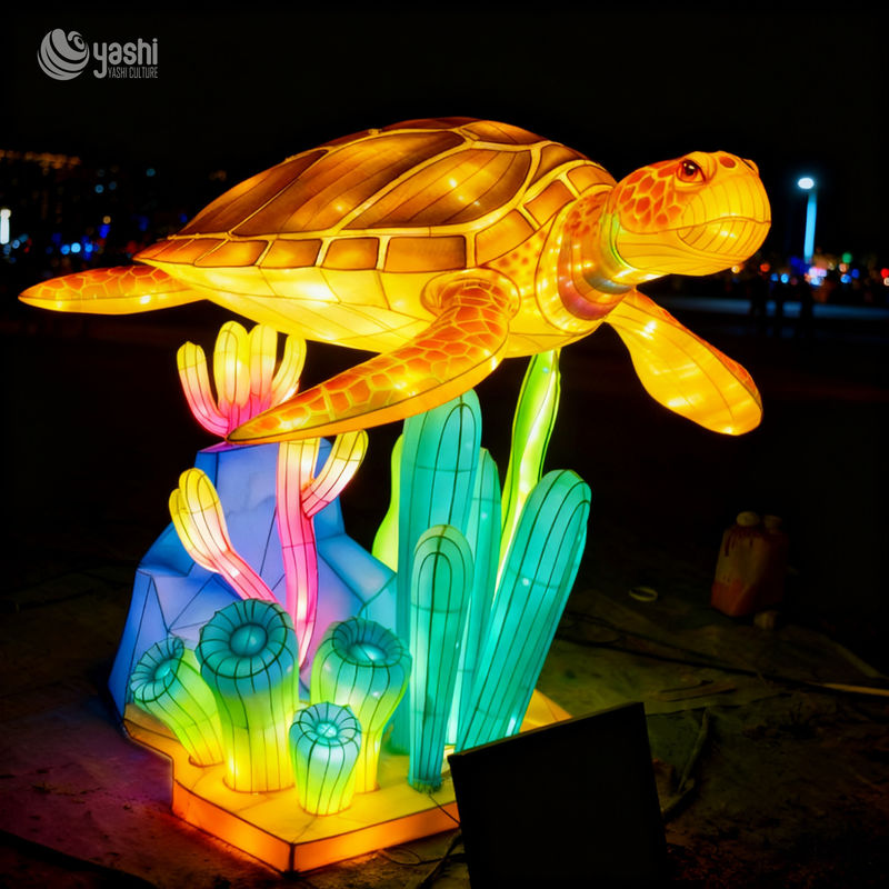 Custom Sea Turtle Lantern | Large LED Marine Turtle Light Sculpture with Coral Base for Under‑Sea Theme Outdoor Exhibition