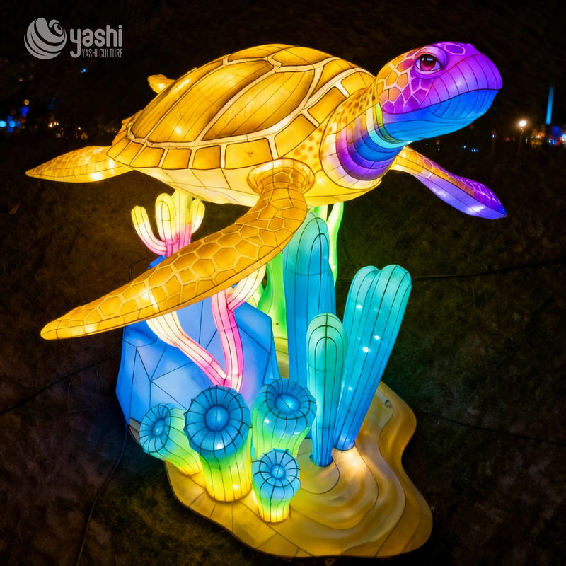 Custom Sea Turtle Lantern | Large LED Marine Turtle Light Sculpture with Coral Base for Under‑Sea Theme Outdoor Exhibition
