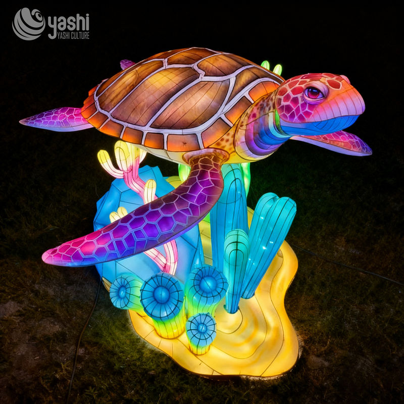 Custom Sea Turtle Lantern | Large LED Marine Turtle Light Sculpture with Coral Base for Under‑Sea Theme Outdoor Exhibition