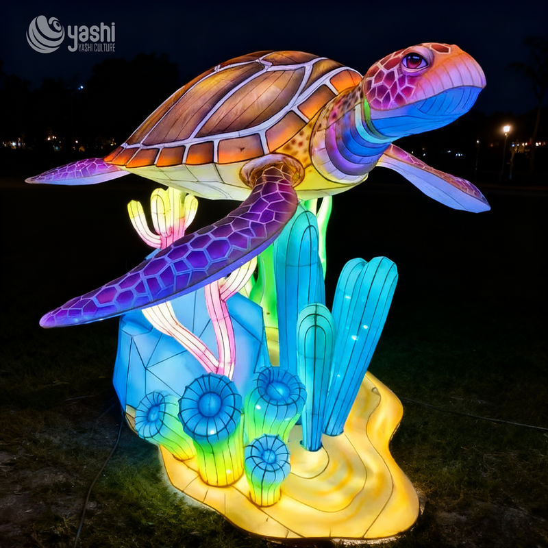 Custom Sea Turtle Lantern | Large LED Marine Turtle Light Sculpture with Coral Base for Under‑Sea Theme Outdoor Exhibition