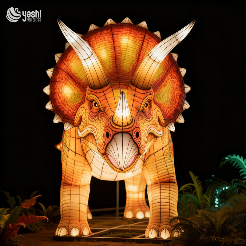 Custom Triceratops Dinosaur Lantern, Large Dinosaur LED Light Sculpture for Dino Theme Light Festival