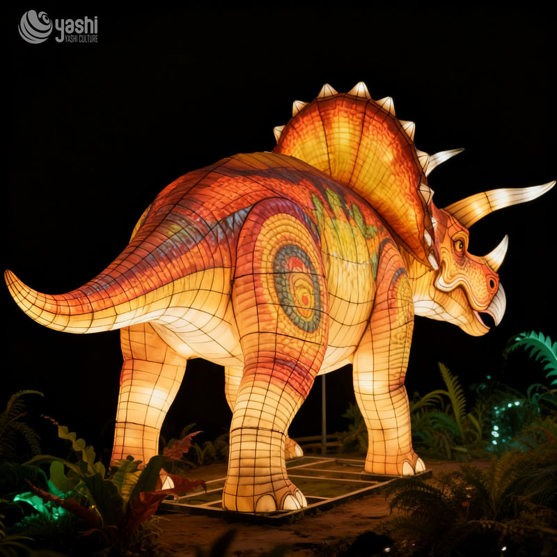 Custom Triceratops Dinosaur Lantern, Large Dinosaur LED Light Sculpture for Dino Theme Light Festival