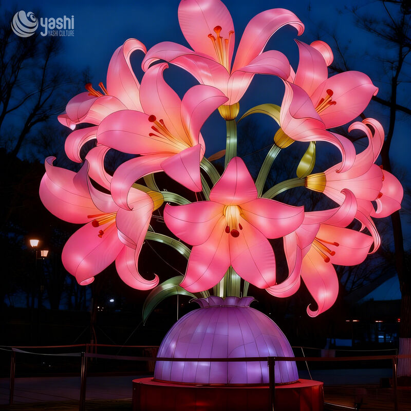 Custom Giant Pink Lily Bouquet Vase Lantern, Large LED Floral Light Sculpture for Outdoor Park & Plaza