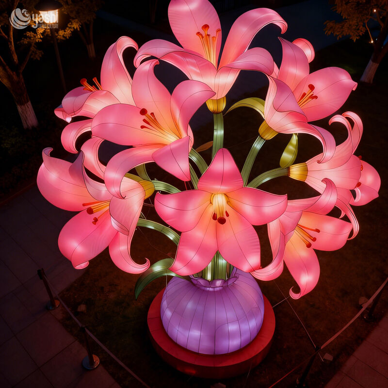 Custom Giant Pink Lily Bouquet Vase Lantern, Large LED Floral Light Sculpture for Outdoor Park & Plaza