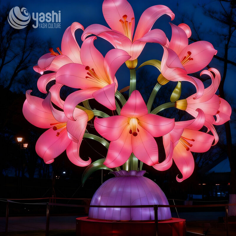 Custom Giant Pink Lily Bouquet Vase Lantern, Large LED Floral Light Sculpture for Outdoor Park & Plaza