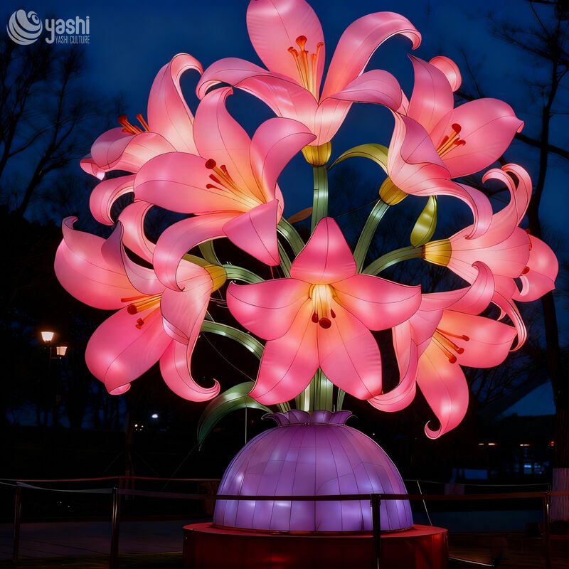 Custom Giant Pink Lily Bouquet Vase Lantern, Large LED Floral Light Sculpture for Outdoor Park & Plaza