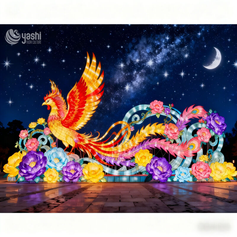 Custom Phoenix With Peony Flowers Zigong Lantern, Chinese Mythical Phoenix LED Light Sculpture, Waterproof Large Outdoor Festival Light Installation