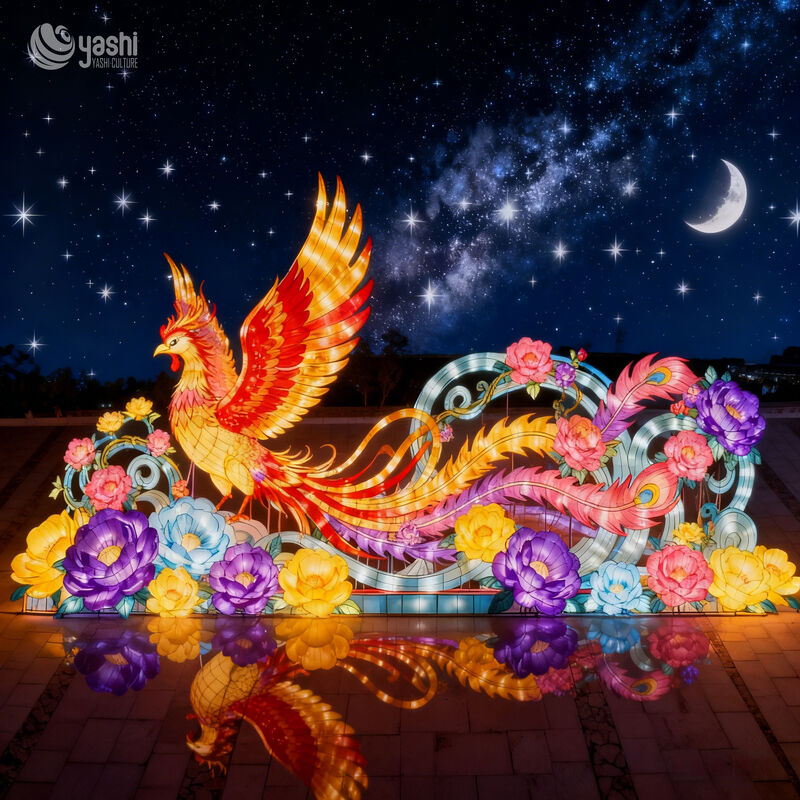 Custom Phoenix With Peony Flowers Zigong Lantern, Chinese Mythical Phoenix LED Light Sculpture, Waterproof Large Outdoor Festival Light Installation