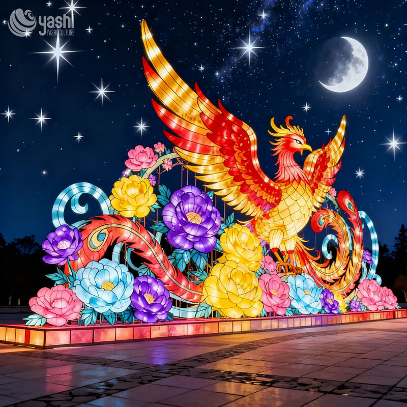 Custom Phoenix With Peony Flowers Zigong Lantern, Chinese Mythical Phoenix LED Light Sculpture, Waterproof Large Outdoor Festival Light Installation