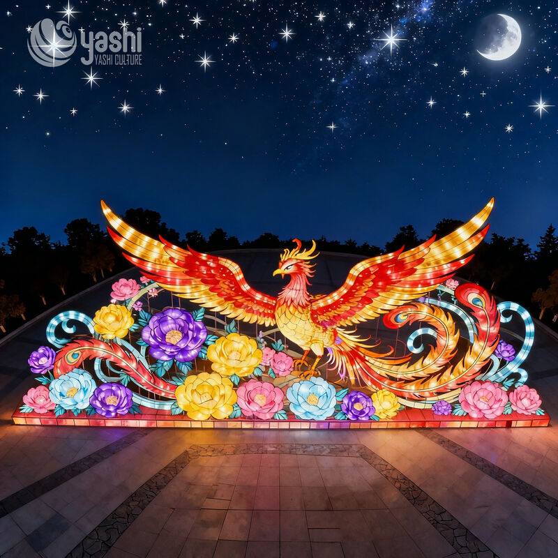 Custom Phoenix With Peony Flowers Zigong Lantern, Chinese Mythical Phoenix LED Light Sculpture, Waterproof Large Outdoor Festival Light Installation