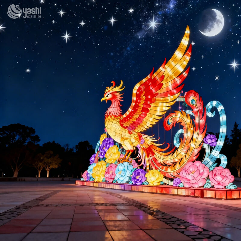 Custom Phoenix With Peony Flowers Zigong Lantern, Chinese Mythical Phoenix LED Light Sculpture, Waterproof Large Outdoor Festival Light Installation