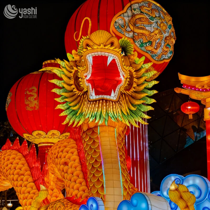 Custom Chinese Golden Dragon Zigong Lantern with Red Lanterns, Traditional Oriental Loong LED Light Sculpture, Waterproof Outdoor Festival Light Installation