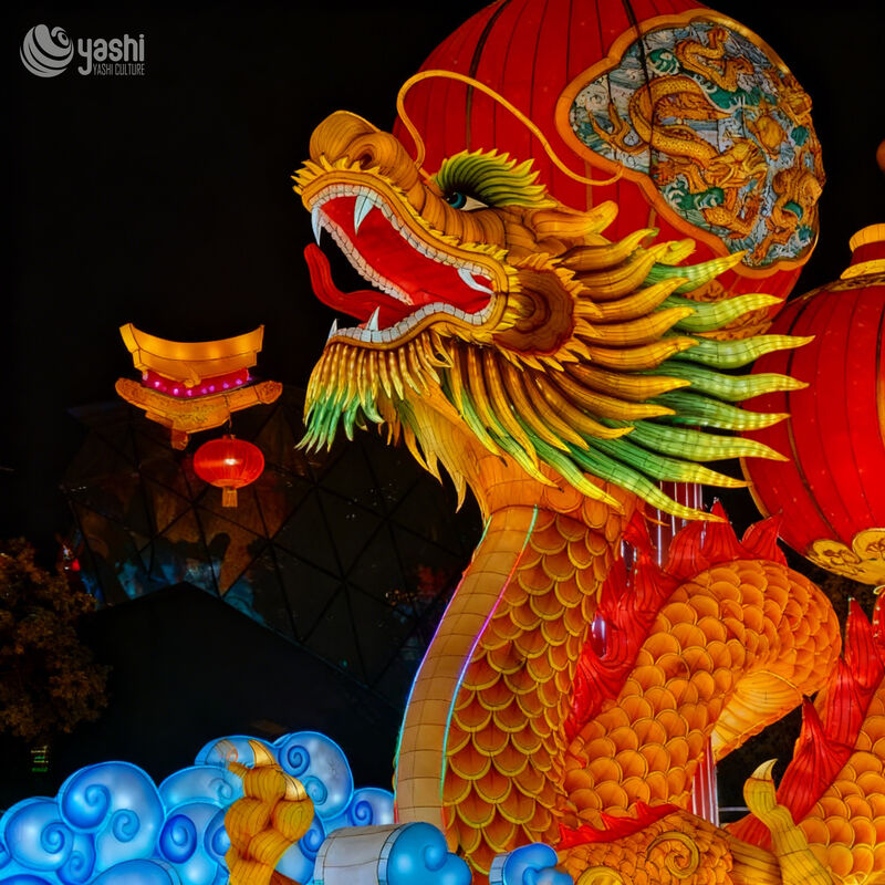 Custom Chinese Golden Dragon Zigong Lantern with Red Lanterns, Traditional Oriental Loong LED Light Sculpture, Waterproof Outdoor Festival Light Installation