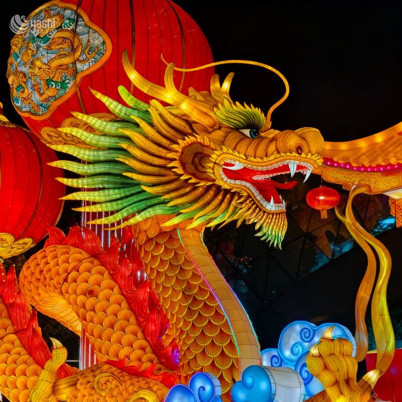 Custom Chinese Golden Dragon Zigong Lantern with Red Lanterns, Traditional Oriental Loong LED Light Sculpture, Waterproof Outdoor Festival Light Installation