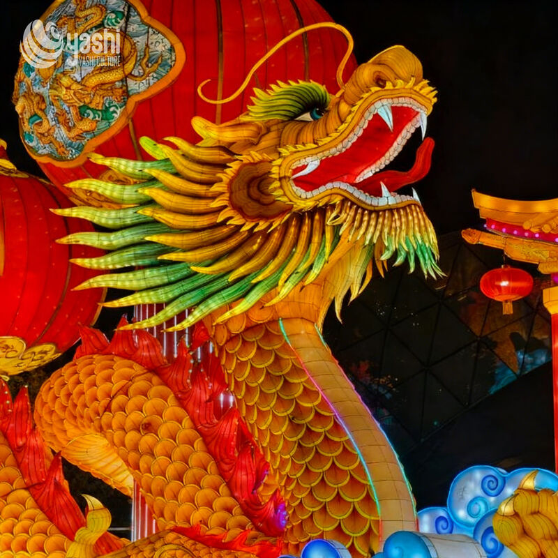 Custom Chinese Golden Dragon Zigong Lantern with Red Lanterns, Traditional Oriental Loong LED Light Sculpture, Waterproof Outdoor Festival Light Installation