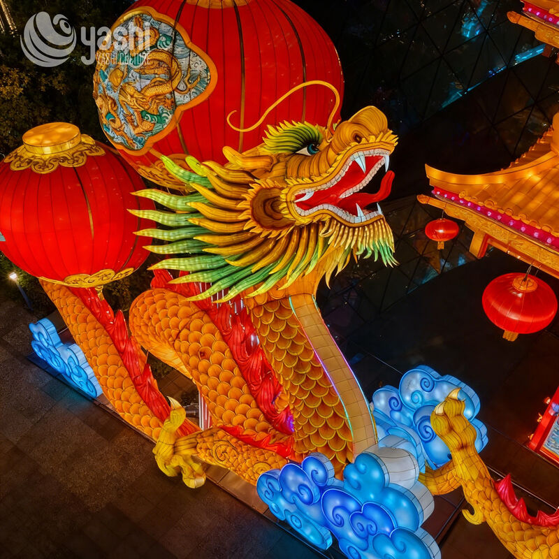 Custom Chinese Golden Dragon Zigong Lantern with Red Lanterns, Traditional Oriental Loong LED Light Sculpture, Waterproof Outdoor Festival Light Installation