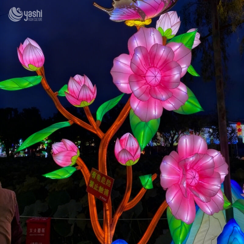 Custom Pink Peach Blossom & Butterfly Lantern, Large LED Floral Branch Light Sculpture for Park Festival Decoration