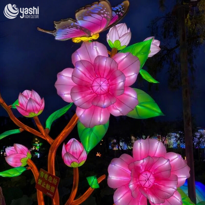 Custom Pink Peach Blossom & Butterfly Lantern, Large LED Floral Branch Light Sculpture for Park Festival Decoration