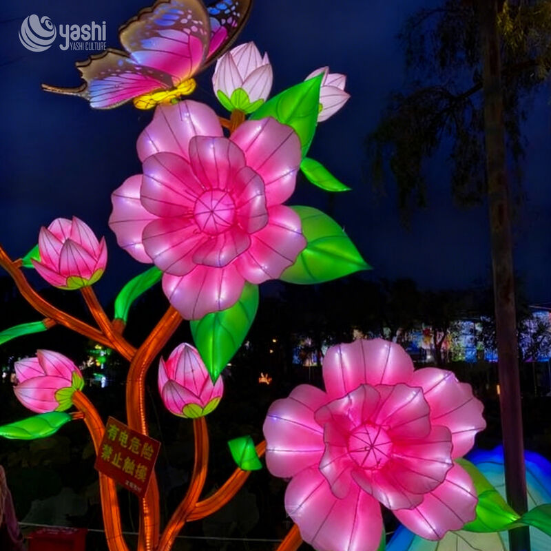 Custom Pink Peach Blossom & Butterfly Lantern, Large LED Floral Branch Light Sculpture for Park Festival Decoration