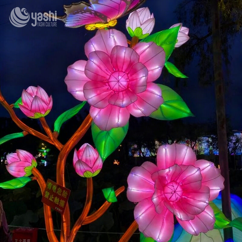 Custom Pink Peach Blossom & Butterfly Lantern, Large LED Floral Branch Light Sculpture for Park Festival Decoration