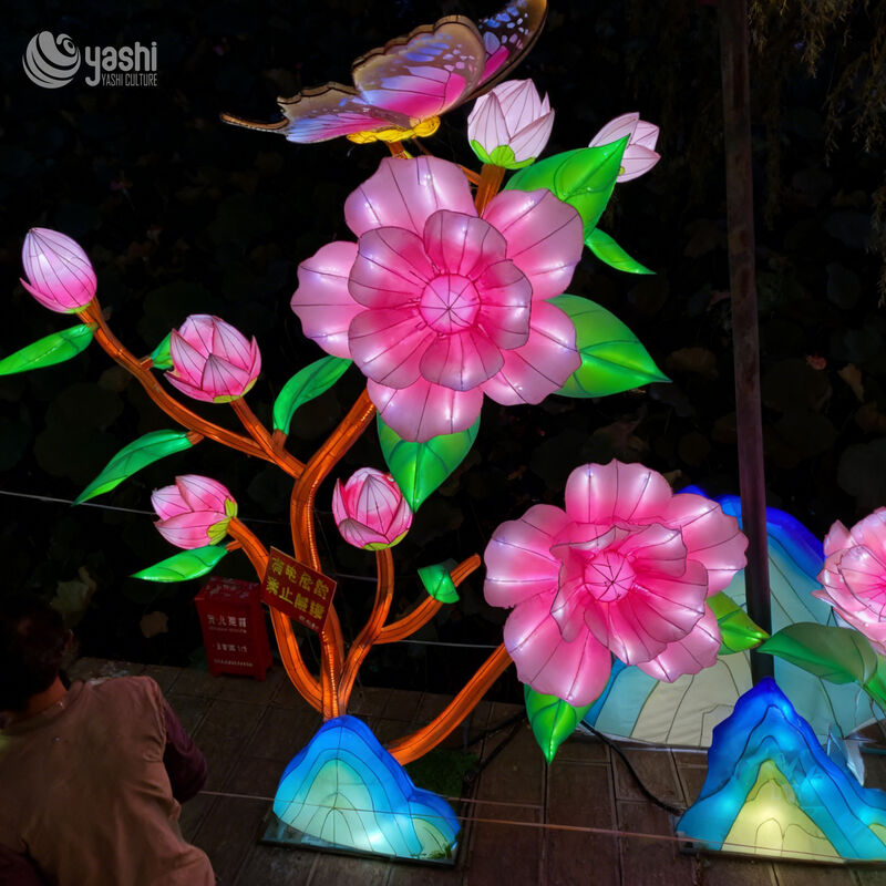 Custom Pink Peach Blossom & Butterfly Lantern, Large LED Floral Branch Light Sculpture for Park Festival Decoration
