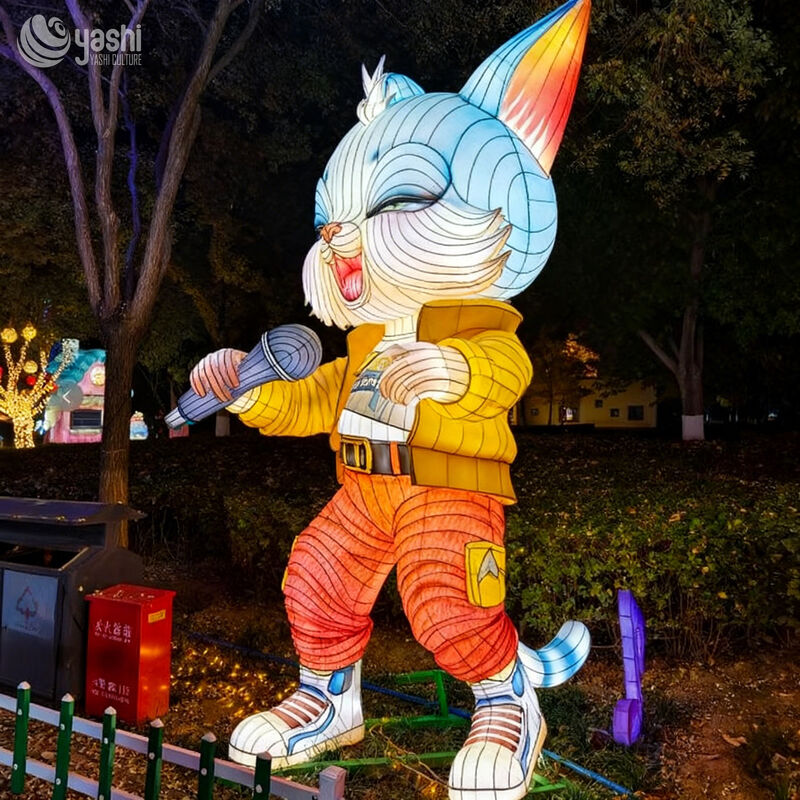 Custom Cartoon Rock‑Singer Cat Lantern | Large LED Character Light Sculpture for Theme Park Outdoor Night Show