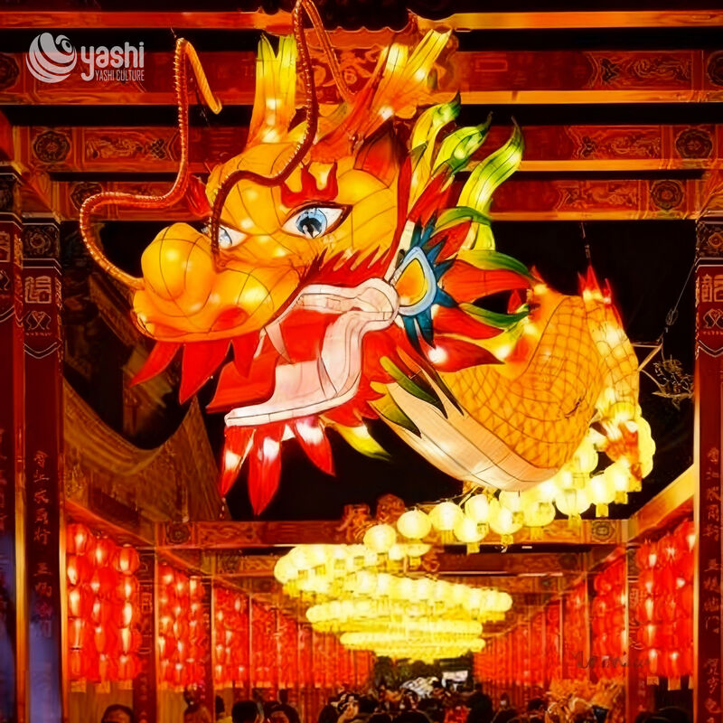 Custom Suspended Chinese Dragon Zigong Lantern, Hanging Dragon Head With Cloud & Antique Lantern LED Light Sculpture, Waterproof Walkway Passage Light Installation