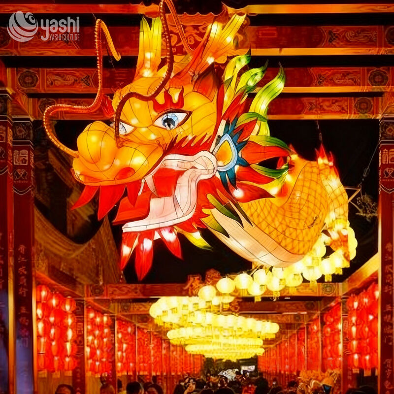 Custom Suspended Chinese Dragon Zigong Lantern, Hanging Dragon Head With Cloud & Antique Lantern LED Light Sculpture, Waterproof Walkway Passage Light Installation