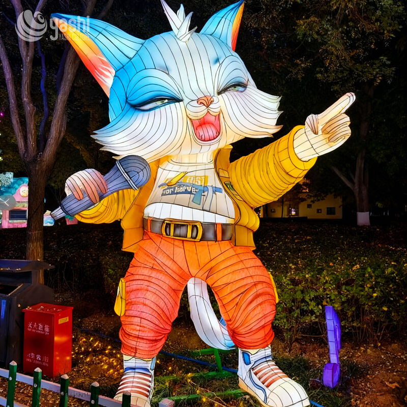 Custom Cartoon Rock‑Singer Cat Lantern | Large LED Character Light Sculpture for Theme Park Outdoor Night Show