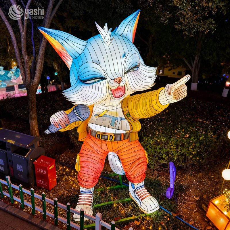 Custom Cartoon Rock‑Singer Cat Lantern | Large LED Character Light Sculpture for Theme Park Outdoor Night Show